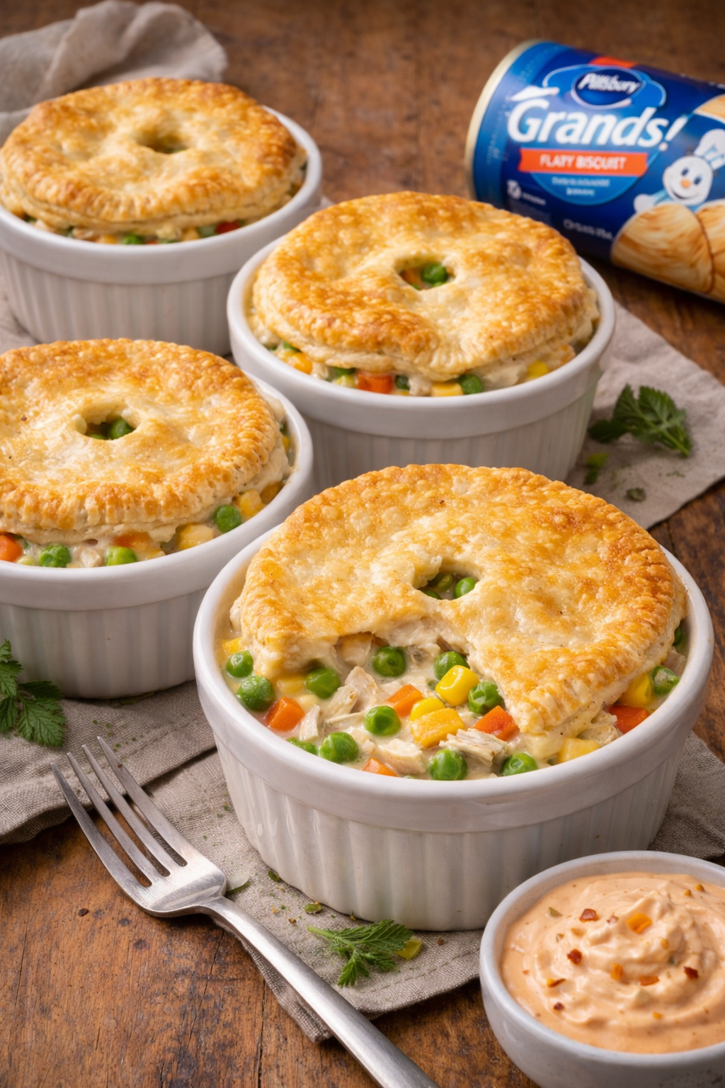 an AI-generated image of quicken pot pies in ramekins